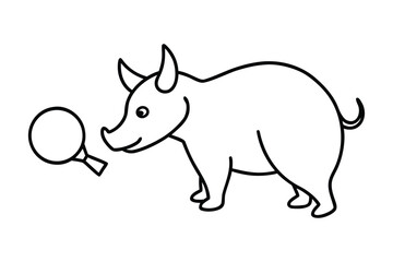 Whimsical Line Art Depicting a Horned Animal Inspecting a Magnifying Glass with an Expression of Mild Curiosity and Interest