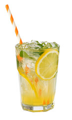 Refreshing lemonade with ice, lemon slices, and mint in a glass with a striped straw on transparent background