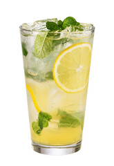 Refreshing lemonade with ice, lemon, and mint on transparent background