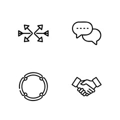 Four simple line art icons showing communication collaboration connection handshake