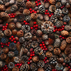 Collection of Pine Cones and Red Berries in Holiday Display