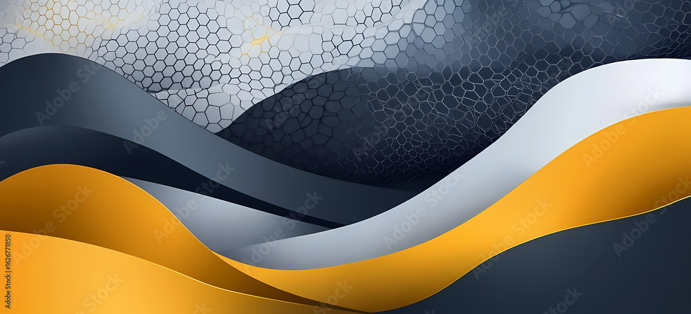 Poster dynamic and modern abstract background featuring elegant flowing waves in golden, dark blue, and lig