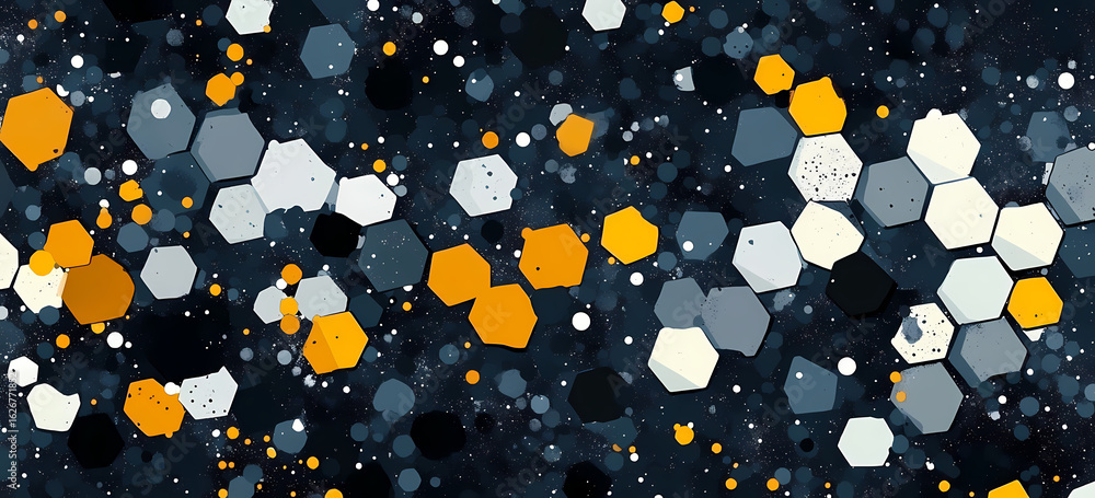 Poster abstract hexagonal mosaic with scattered particles. dynamic pattern in deep blues, vibrant oranges, 