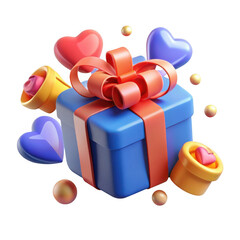 Blue gift box with orange ribbon and hearts isolated on transparent background