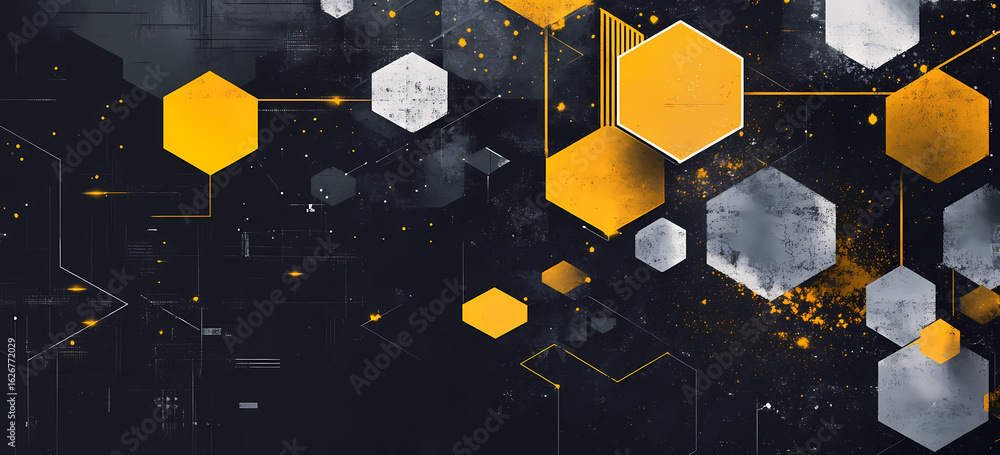 Poster abstract technology background hexagonal shapes and digital connections on a dark background