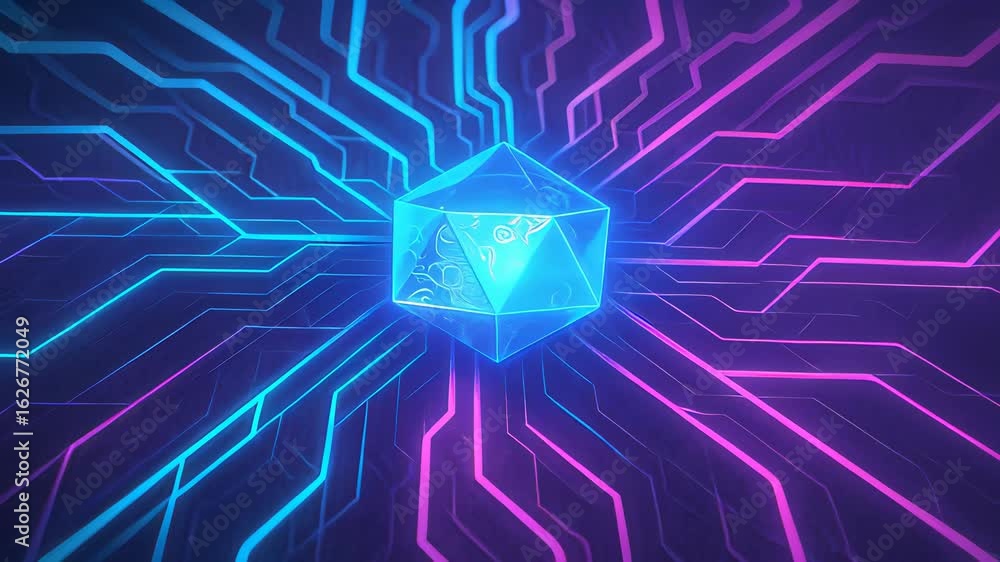 Poster dynamic zoom of a glowing geometric shape surrounded by vibrant technology lines in a futuristic set