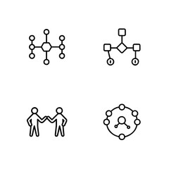 Four simple line art icons showing network connections teamwork collaboration group
