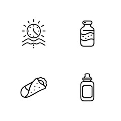 Four simple line icons a clock sun waves a bottle a burrito vector