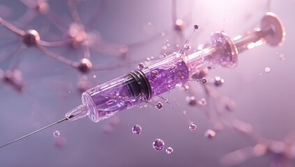 Syringe with liquid, surrounded by molecules