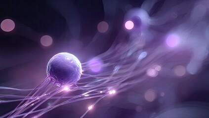 Purple sphere connected by glowing strands.  Abstract,  glowing network.  Soft,  blurred background