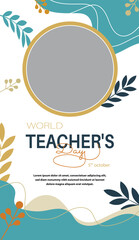 Naklejka premium Happy teacher s day greeting card with floral elements and placeholder