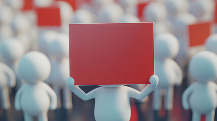 Crowd of white figures holding red signs in a demonstration or protest scene