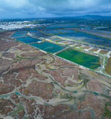 Aerial drone view of the Ria Formosa in the Algarve. A protected area, both a coastal natural park and a Ramsar site, in the Algarve region. Portugal, Europe
