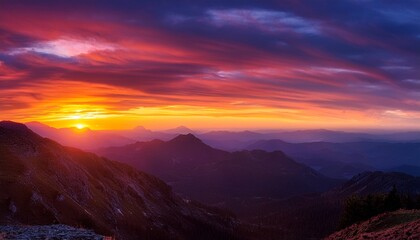 a dramatic sunset over a mountain range with the sky ablaze with hues of orange pink and purple