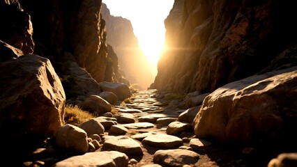 Sunlight illuminates a rocky path winding through a narrow canyon