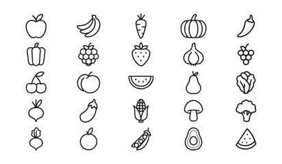 Fresh Fruits & Vegetables Line Icons, Healthy Food Vector Set
