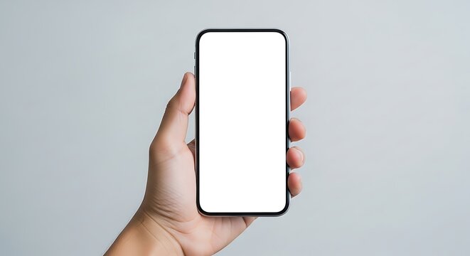 Hand holding a smartphone with blank white screen providing space for inserting relevant content for any modern application or brand presentation
