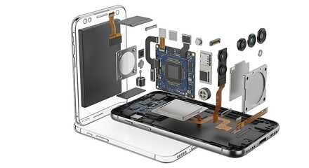 Exploded view illustration of smartphone components showcasing internal structure and electronic engineering design highlighting technology and innovation