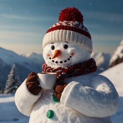 Snowman holding a cup of hot tea or coffee.