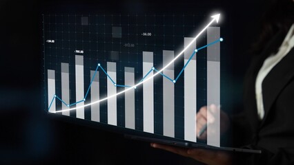 A professional presentation of business growth using digital graphs and charts, illustrating upward...