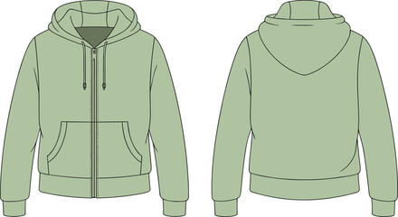 Zip-up hoodie sketch, front zipper, drawstring hood, split pocket, plain back, fashion CAD, vector illustration, garment design template