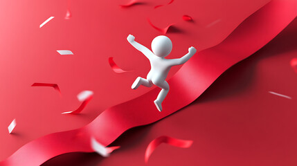 White figure jumping over a red ribbon with confetti on a red background
