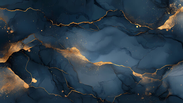 Deep Blue and Gold Abstract Marble Texture Background with Elegant Veins