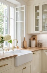 Contemporary Provencal kitchen features matte cream cabinets with glass doors, wooden countertops, brass hardware. Clean daylight illuminates space, stylish furniture, interior design elements.