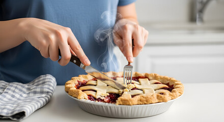 Warm homemade berry pie with flaky crust sliced by hands holding fork and knife, steam rising, creating a comforting and inviting culinary scene for holiday celebrations or family gatherings