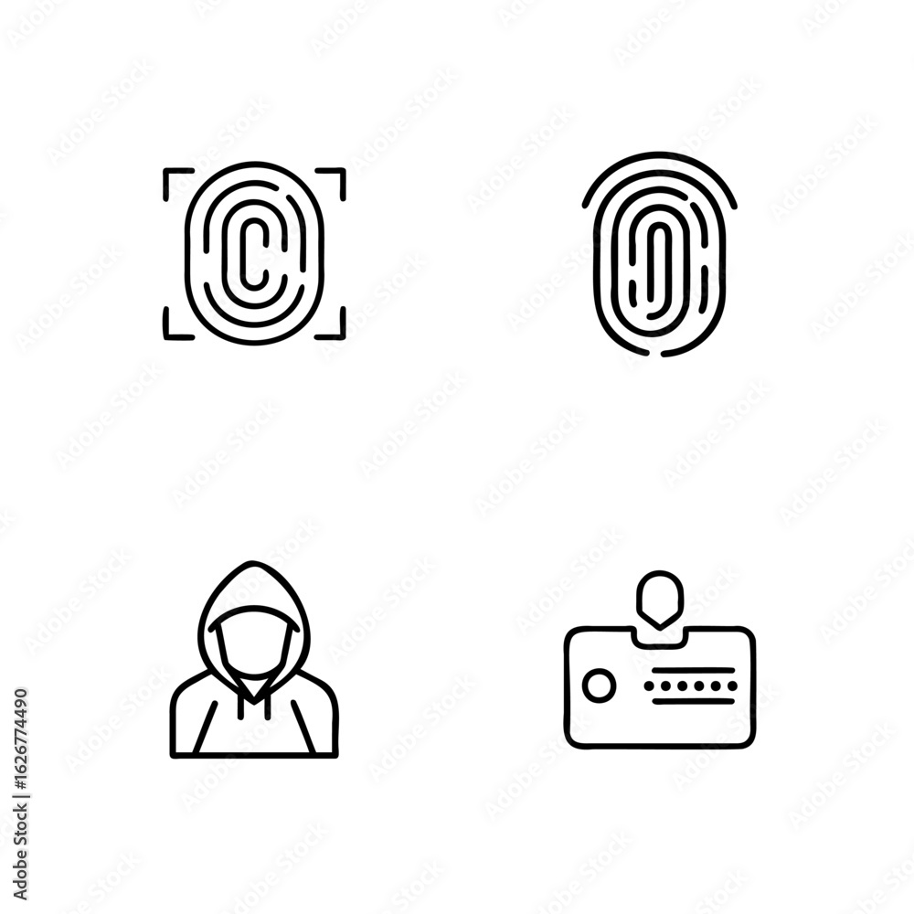 Poster set four outline icons depicting security identification fingerprint scan