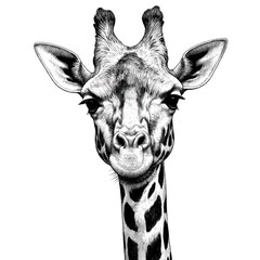Fototapeta premium Detailed monochrome illustration of giraffe head, rendered in black, white with striking artistic pattern. Hand-drawn wildlife portrait captures majestic grace of savanna mammal, ideal for decorative