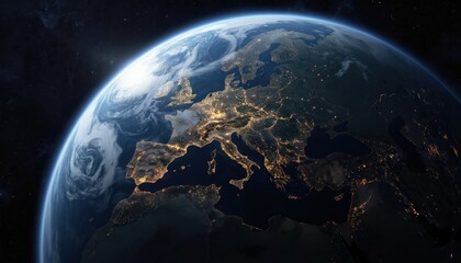 View of Earth from space shows Europe illuminated by city lights at night. Clouds swirl over continents. Planet seen from orbit displays global network connections. Represents astronomy, travel,