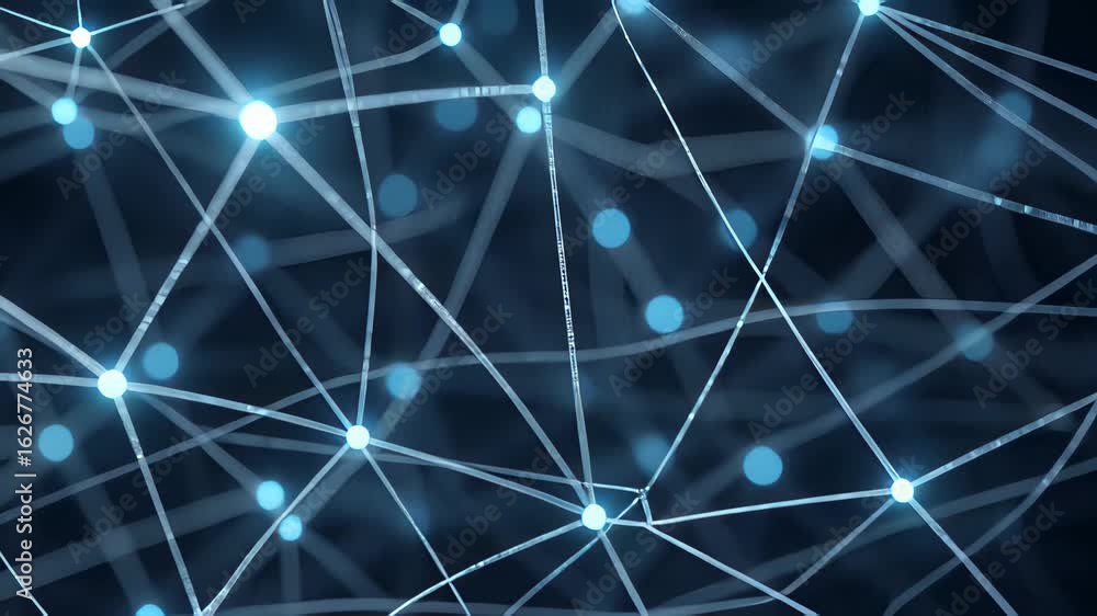 Poster dynamic zoom of glowing blue lines illustrating a technological network in motion