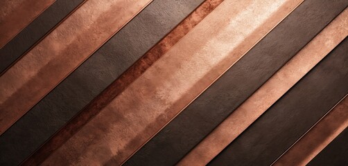 Diagonal stripes of rich copper, dark brown metallic textures form modern, elegant background. Abstract design features lines with subtle gradient, evoking luxury, industrial elements. Perfect for
