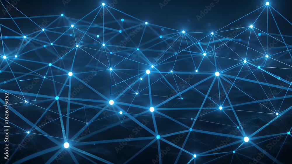 Poster dynamic zooming shot revealing an interconnected network of glowing blue lines symbolizing advanced 