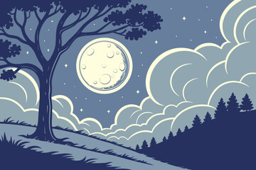 Glowing full moon rises into deep blue sky, surrounded by swirling clouds in a dreamy impressionist tone, modern flat illustration style.