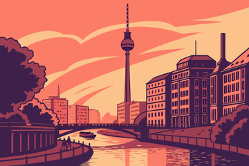 Admire the majestic Berlin skyline featuring the iconic TV Tower and glowing reflections on the Spree River during a fiery sunset, modern flat illustration style.
