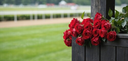 Fresh red roses adorn a dark wooden fence at a garden party. A faint view of a horse racing track is visible in the distance, symbolizing victory and celebration at Churchill Downs.