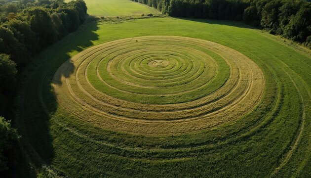 Aerial drone view of circular pattern in expansive green field bordered by forest trees on sunny summer day. Intricate geometric design in farmland. Mystery phenomena, rotational symmetry, natural