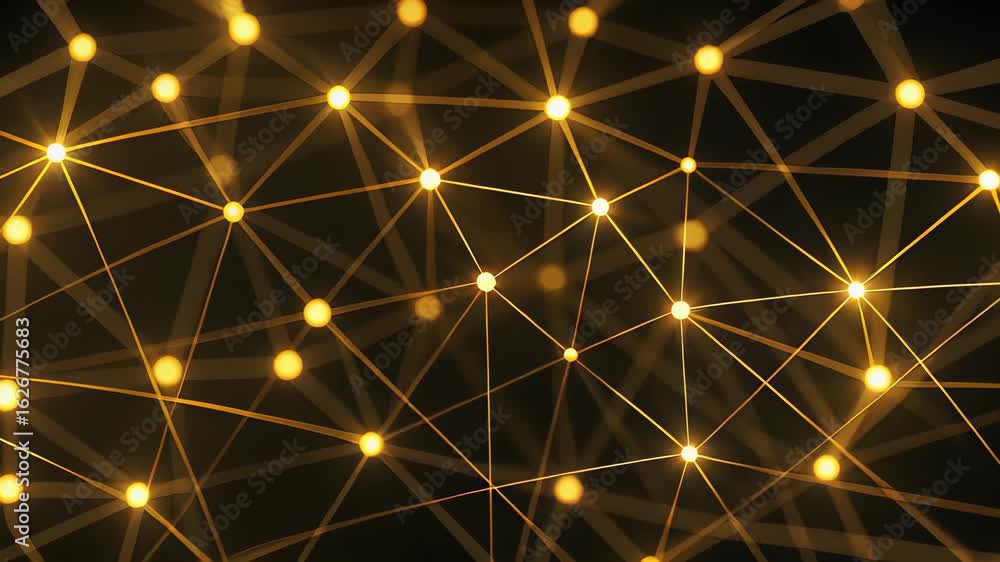 Poster dynamic zoom-in reveals glowing golden network representing advanced technology and connectivity in 