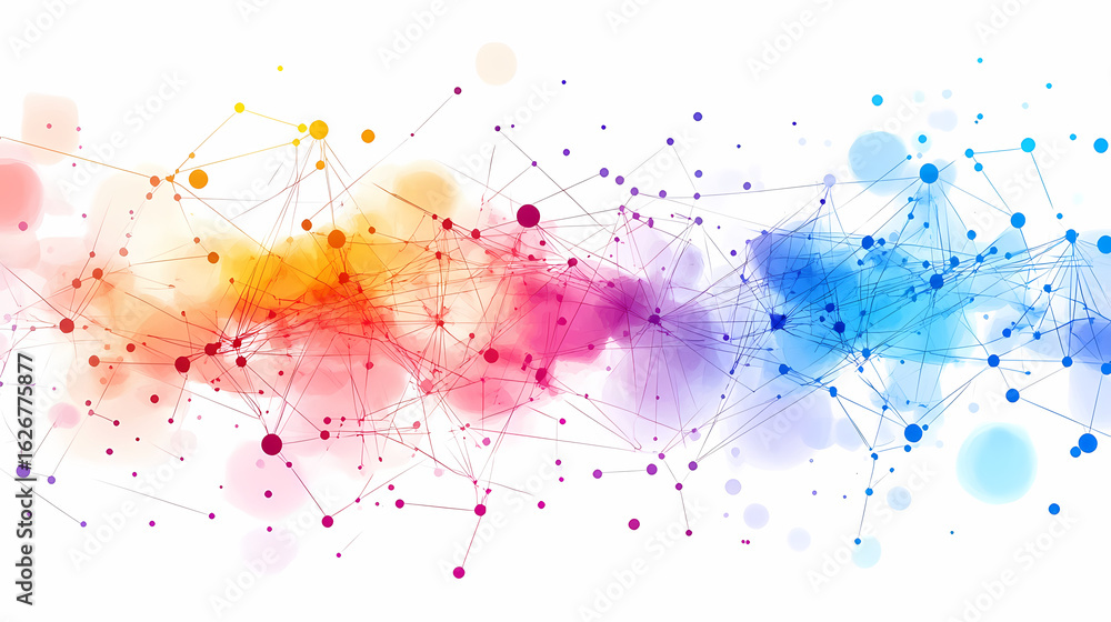 Poster colorful abstract network of connected dots and lines on white background