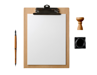 A clipboard with blank paper, pen, and inkwell