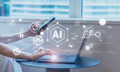 ビジネスシーン、生成AIを活用したデジタルワークフロー、クラウド、DX、デジタルネットワークイメージ