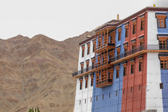 Colorful facade of Matho Gompa in Ladakh's mountains