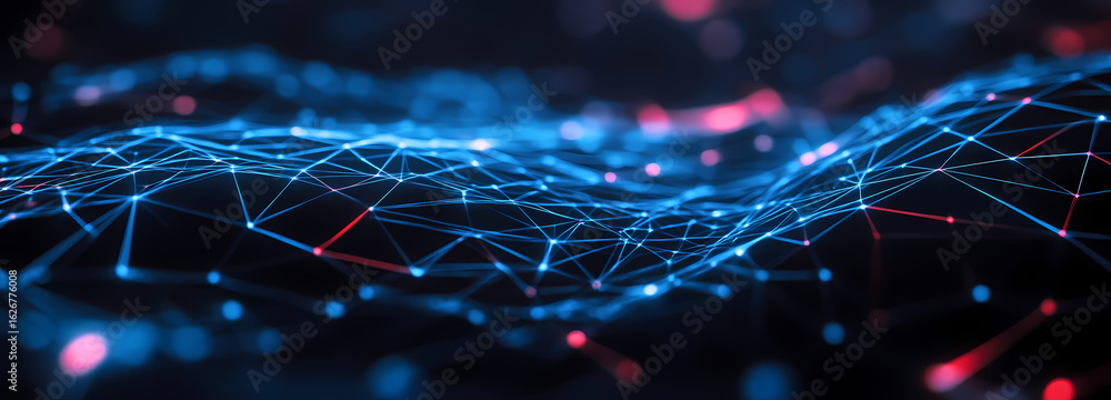 Poster abstract network connection glowing nodes and lines in blue and red