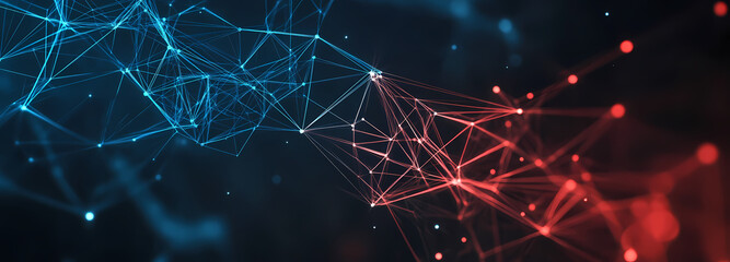 Dynamic digital network illustration showcasing intricate data connections and complex technological pathways, merging blue and red energetic forms