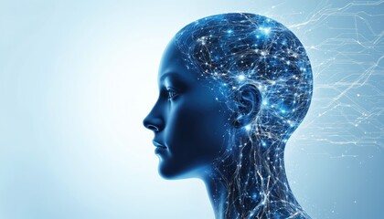 Obraz premium Digital art illustration of human head profile with glowing neural network. Blue tones convey themes of digital transformation, consciousness exploration, and artificial intelligence.