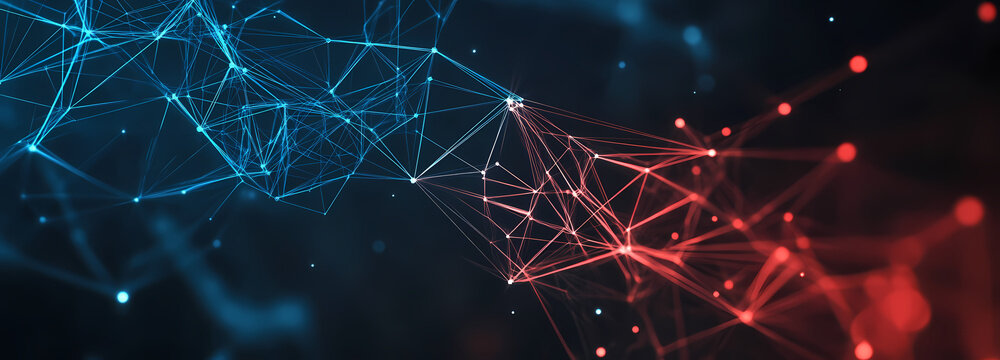 Dynamic digital network illustration showcasing intricate data connections and complex technological pathways, merging blue and red energetic forms