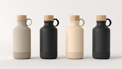 Four cylindrical water bottles, light beige, black, and light beige,  with wooden-colored caps and handles, displayed on a white background
