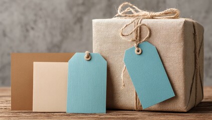 Wrapped gift with tags on rustic table